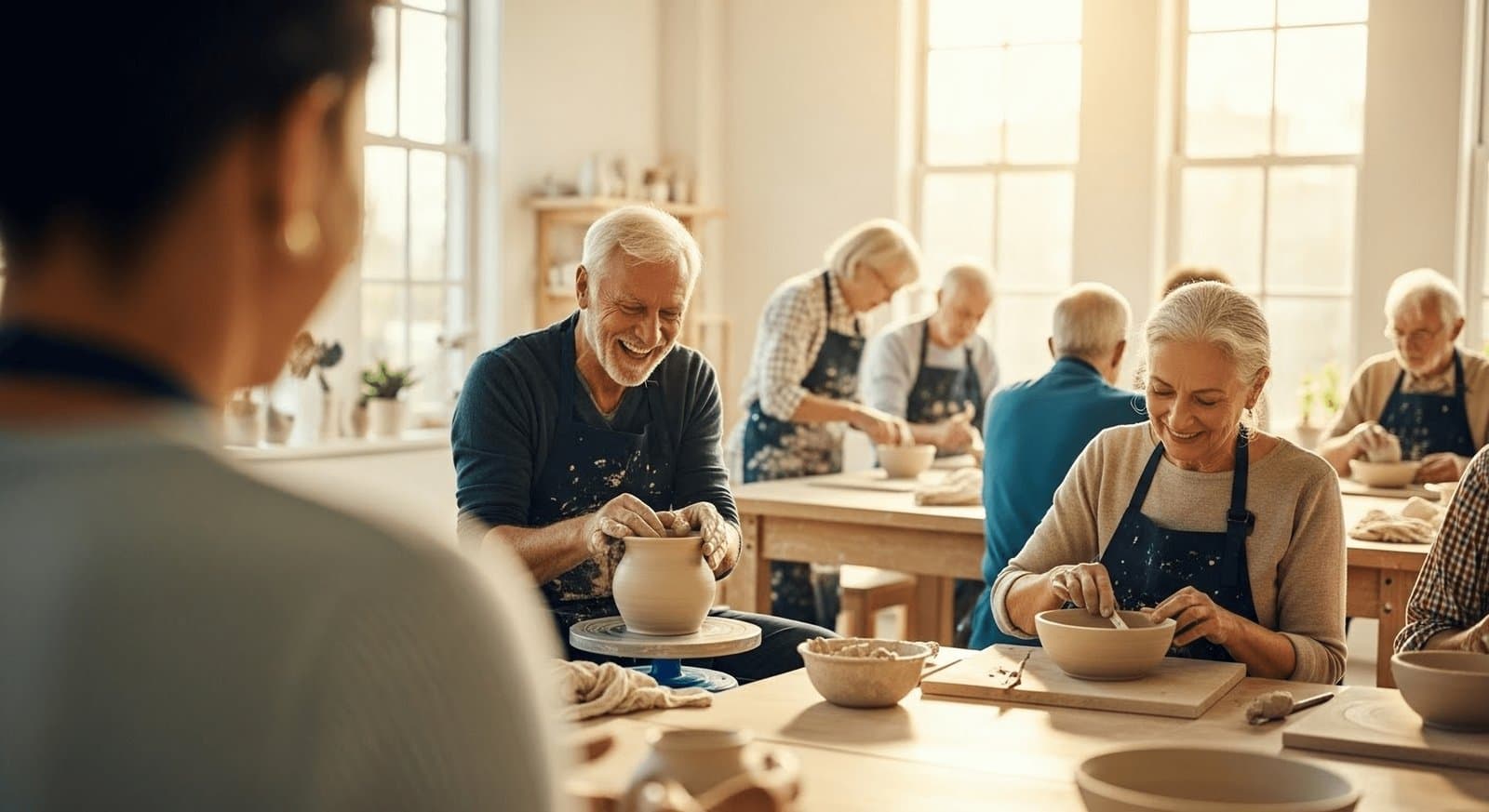 Group of retirees smiling while learning pottery together at a local community workshop